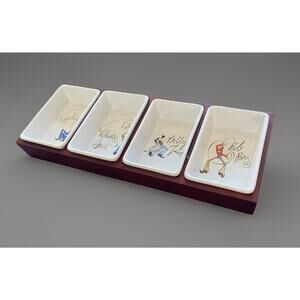 Pottery Barn Western Cowboy Tie One On Wood Tray w/4 Condiment Snack Dishes